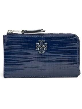 Tory Burch Britten Textured Patent Zip Card Case Navy (MSRP $